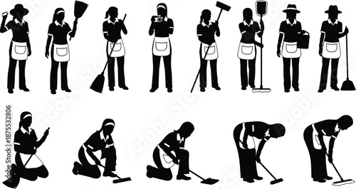 Cleaning staff silhouette set showing janitor maid housekeeper using tools isolated on white background professional housekeeping vector illustration