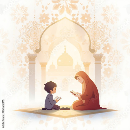 Peaceful scene depicting a woman guiding a young boy through sacred texts, emphasizing religious education and cultural heritage within a mosque setting