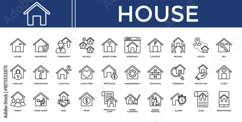 House icon set collection. Containing mortgage, find, progress, lighting, touch, deal, out .Line vector icons collection