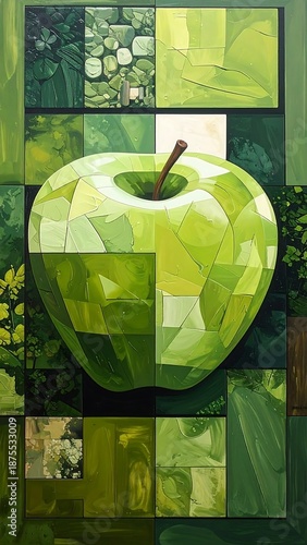 Abstract green apple mosaic portrait over a geometric tile background with nature textures