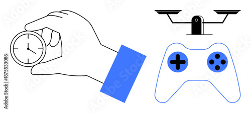 Time management, gaming industry, technology trends, quadcopter innovation, weighing decisions, digital tools. A hand holds a clock, with a game controller and Quadcopter scale nearby. Time
