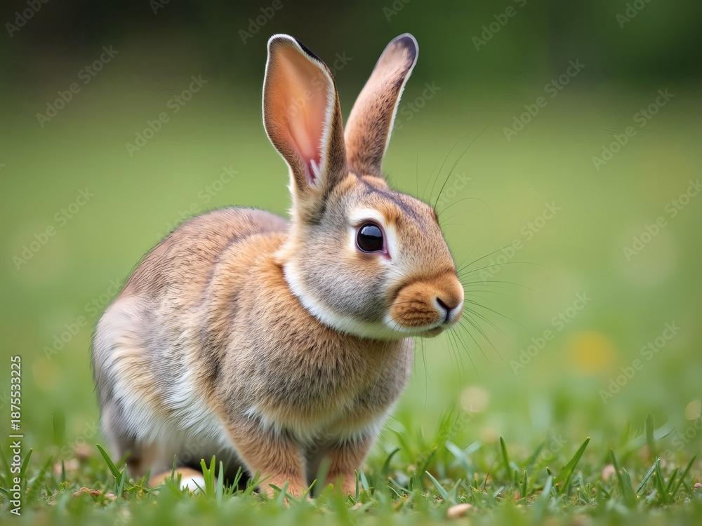Fototapeta premium Cute and curious rabbit exploring a lush green meadow during a bright sunny day