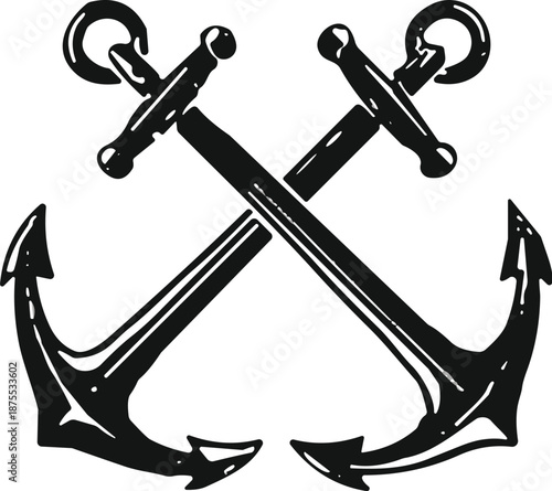 Vintage crossed nautical anchors silhouette icon for maritime marine and ocean travel adventure, cad drawing flat vector illustration on a white background.