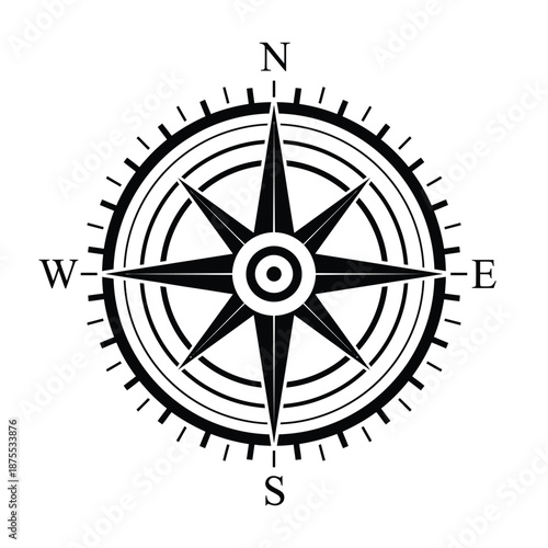 black and white compass rose with north south east west directions
