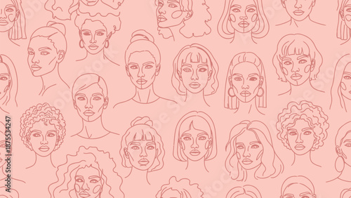 Diverse group of women's faces in minimalist line art on soft pink background for creative projects