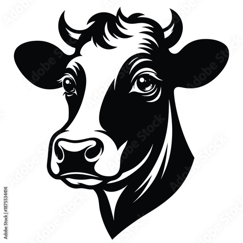 black and white cow head with horns and ears