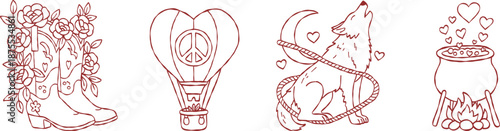 Western valentine hand drawn vector line art set with cowboy boots hot air balloon wolf and magic cauldron for boho wedding invitation aesthetic illustration