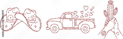Western cowboy valentine hand drawn vector line art set with vintage truck hats and cactus for boho wedding invitation aesthetic illustration print