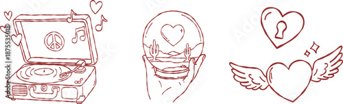 Vintage valentine hand drawn vector line art set with gramophone crystal ball and winged hearts for boho wedding invitation card aesthetic illustration