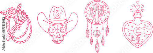 Mystical valentine hand drawn vector line art set with skeleton hand rose cowboy skull and dreamcatcher for boho wedding invitation aesthetic illustration