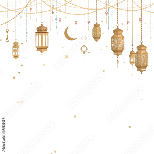 Ethereal golden lanterns and crescent moon hanging decor, illuminating festive Middle Eastern celebrations with intricate designs and sparkling light elements