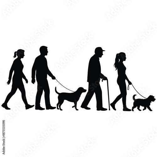silhouettes of people walking their dogs in a line
