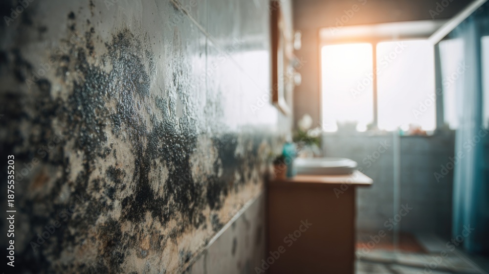 Obraz premium Mold growth on bathroom wall near window during evening light hours showing potential moisture issues