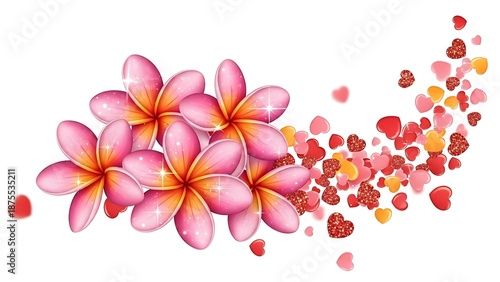 Romantic Tropical Plumeria Explosion - Pink Frangipani Flowers with Glitter Hearts & Sparkle Illustration