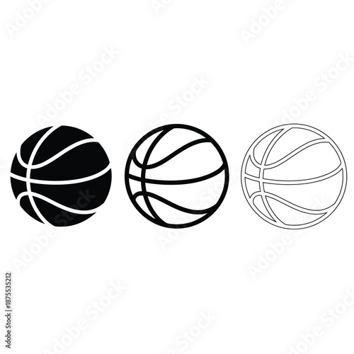 Three distinct basketball illustrations in black and white