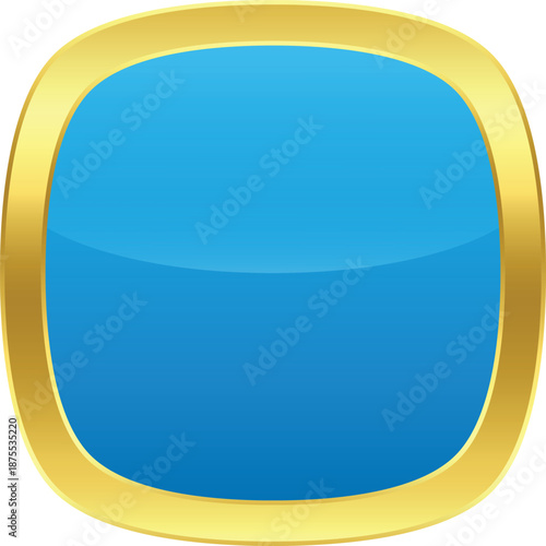 Isolated glossy blue rounded square pin with golden border. Template on transparent background.