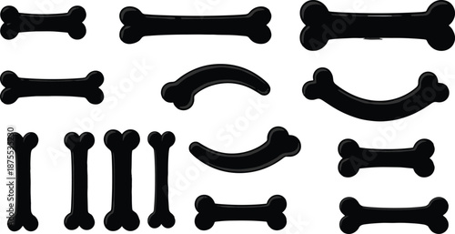 Collection of stylized black bone silhouettes arranged in grid pattern for anatomy, Halloween decoration, pet graphics, and educational design use