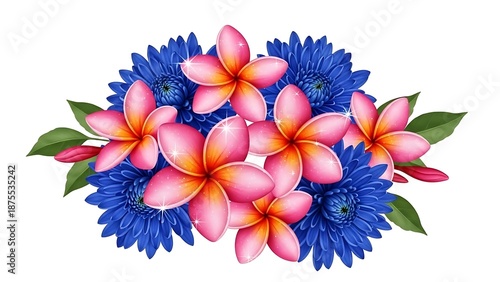 Vibrant Tropical Bouquet - Pink Plumeria Frangipani & Blue Chrysanthemum Flowers with Sparkle Illustration