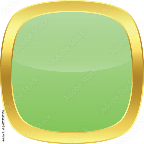 Illustration of a glossy green rounded square badge with golden border. Template on transparent background.