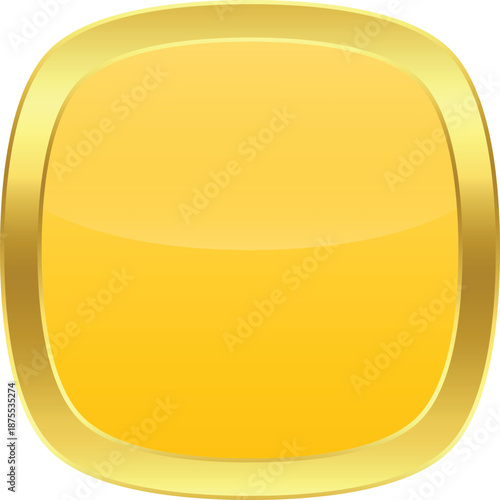 Shiny yellow rounded square medal with golden border. Template on transparent background.