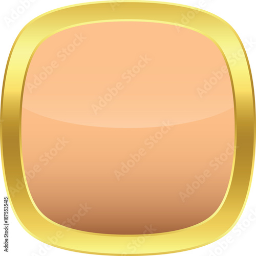 Isolated glossy bronze rounded square pin with golden border. Template on transparent background.