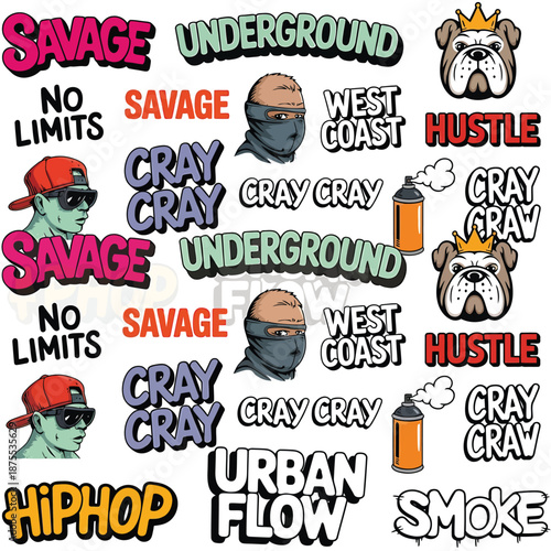 Collection of urban and hip hop style stickers and graphics