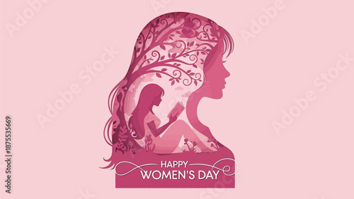 Happy women's day pink silhouette illustration with floral design and mother holding child