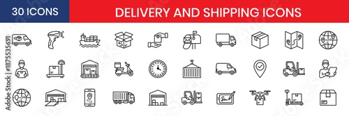Delivery and shipping elements thin line icon set truck van box