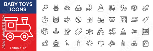 Baby toys thin line icon set rattle teddy bear