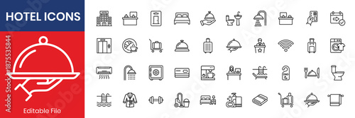 Travel hotel amenities themed thin line icon set