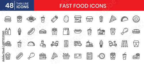 Street food and takeaway thin line icon set