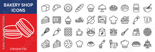 Bakery shop thin line icon set baguette croissant cupcake donut cake