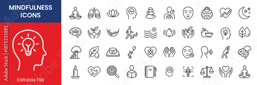Mental wellness and self care thin line icon set