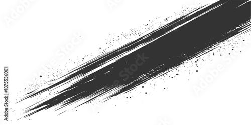 Black ink brush strokes and splatters create a grunge paint texture with dark liquid drips and artistic spray stains on a vector illustration element