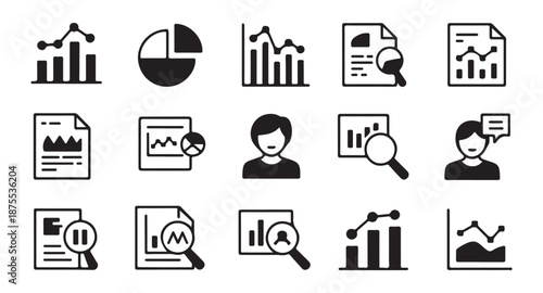Analytics and data visualization icons with charts graphs magnifying glass documents and people icons for business reports