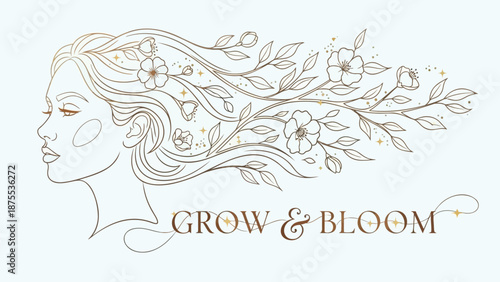 Woman's face with flowers in hair grow and bloom logo line art illustration