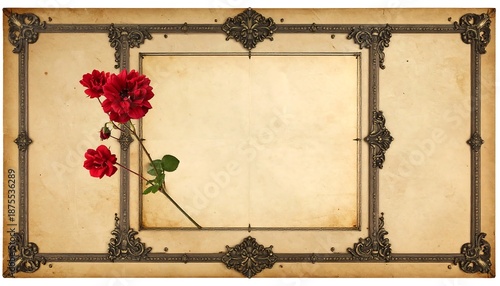 Aged paper frame with ornate metallic corners, adorned with vivid red roses on the left, textured background