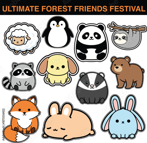 Cute round forest animal friends kawaii sticker set