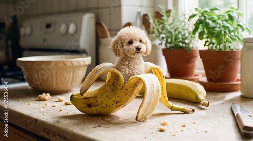 Surreal Banana Half Peeled Tiny Fluffy Poodle Dog Inside Kitchen Counter Whimsical Photorealistic