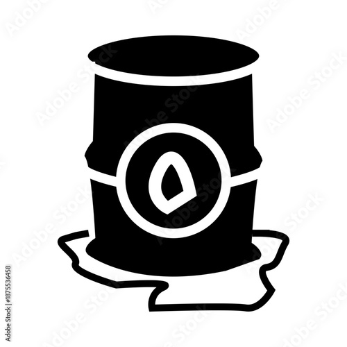 Black oil barrel icon with spill and droplet symbol, representing petroleum, fuel, energy industry, oil leakage, and environmental pollution.