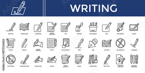 Writing icon set collection. Containing teaching, draft, literature, wide, write, signature, writing .Line vector icons collection