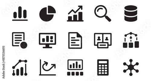 Fifteen essential icons for analytics dashboard including charts magnifying glass database and documents on white