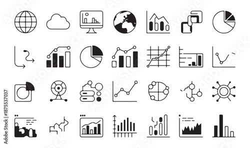 Global data network and business analytics icons set with world maps cloud storage and diverse infographic charts