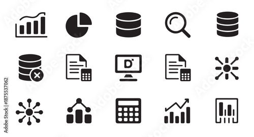 Business database and financial analytics icons featuring calculators data storage units and growth chart symbols