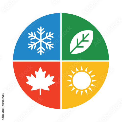 Four seasons icon set with snowflake, leaf, maple leaf, and sun
