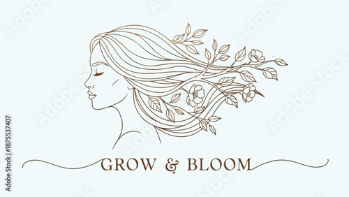 Woman with flowers in hair elegant line art illustration serene profile portrait symbolizing growth and beauty