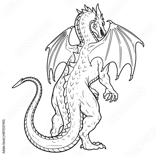 Imperial Dragon Line Art – Dragon Vector Illustration with Sovereign Mythic Form – Dragon Drawing – Line Art Drawing of Dragon – Dragon Icon