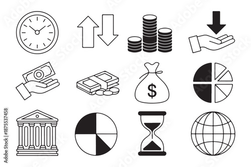 Finance and business icons set including coins clock money bag graph bank and hourglass with upward and downward arrows