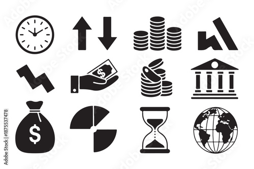 Financial icons for business growth and economy including bank coins clock money bag earth and charts with arrows