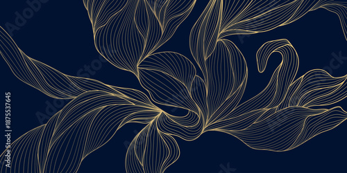 Luxury botanical pattern, elegant gold line leaves background. Modern vector design, nature tropical foliage, organic texture, wallpaper, premium decorative print.